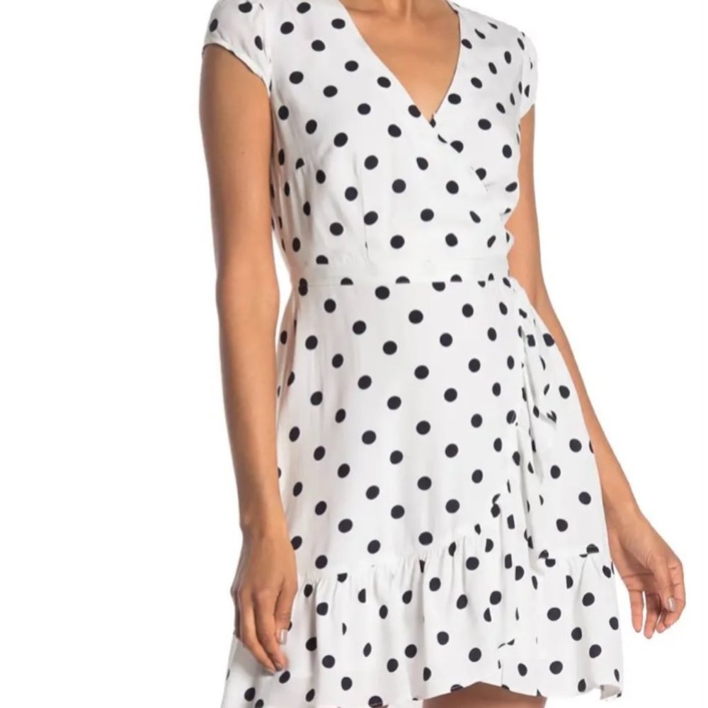 Ruffle Front Faux Wrap Polka Dot Dress
